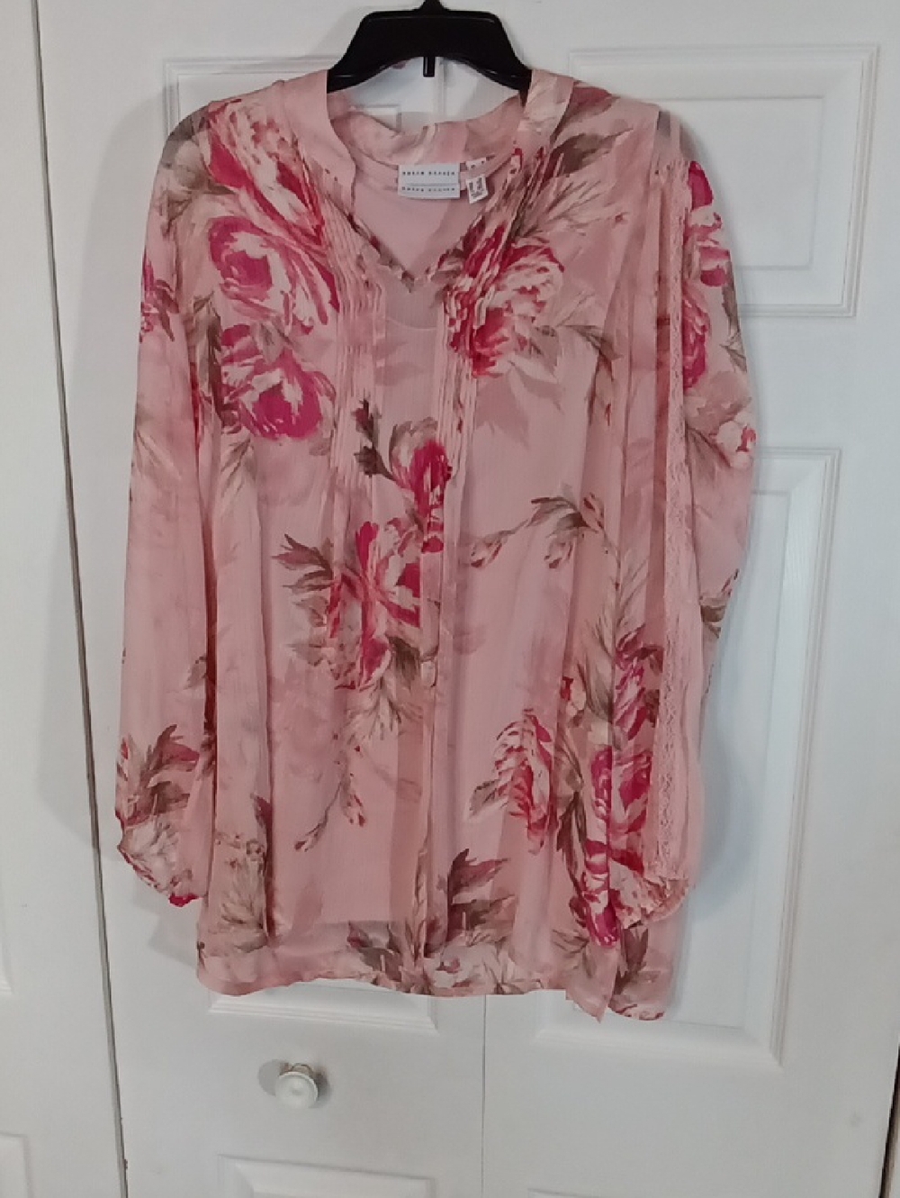 Susan Graver Pink Floral Pintuck V-Neck Blouse 2pc